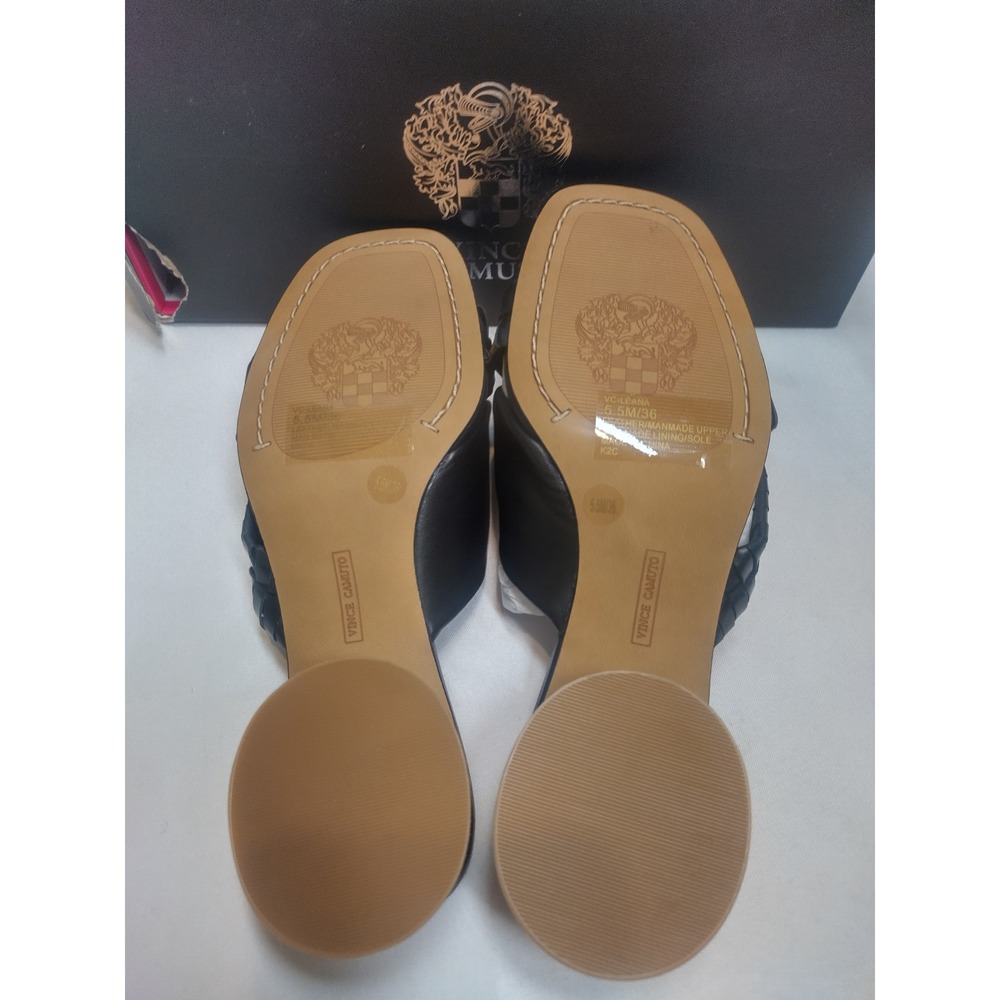 Vince Camuto Leana Black Leather Knotted Slide Sandals Wood Round Heel 5.5M - Picture 6 of 8